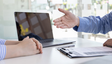 Employer or HR leader is interviewing participants, applying for a company employee, and having read...