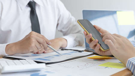 Brainstorming of business people, Businessmen are meeting a marketing team and come up with profitable strategies for the growth of the company, Finding ways to make financial profits.の写真素材