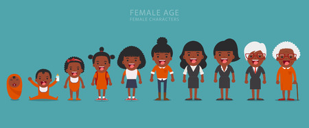 African american ethnic people generations at different ages. Aging concept of female characters, the cycle of life from childhood to old ageのイラスト素材