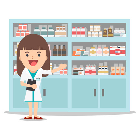 female pharmacist in a pharmacy opposite the shelves with medicines. Health care. Vector illustrationのイラスト素材