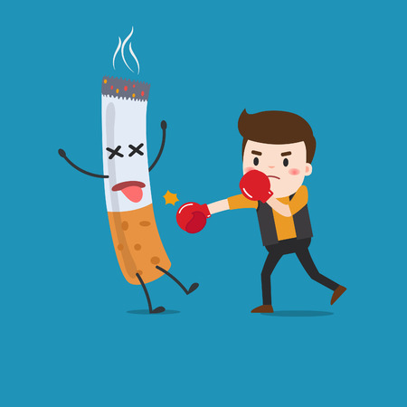 vector illustration of a cartoon fight against nicotine addiction. This illustration meaning to fighting for stop smoking.のイラスト素材