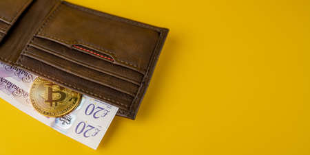 Gold Bitcoin crypto currency coin with british pounds cash in brown wallet on yellow background,...