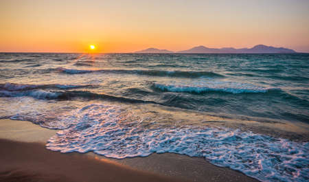Beautiful beach sunset with no people. Marmari, Kos island, Greece. Dodecanese islands, Aegean Sea.の写真素材