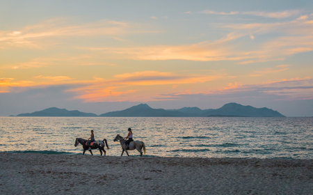 Horse riding on Marmari and Tigaki Beach near Salt Lake during sunset. Kos islands, Greeceの写真素材