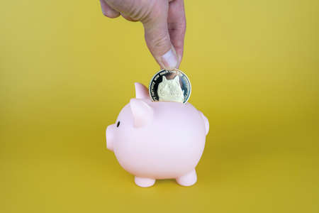 Man putting Dogecoin crypto into a piggybankの写真素材