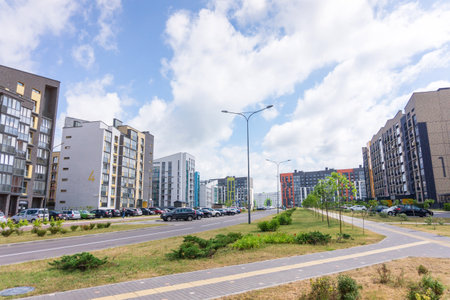 MINSK, BELARUS - JUNE 26, 2021: Novaya Borovaya or New Bor district, residential complex with modern apartment buildings in the city of Minsk, Belarusのeditorial素材