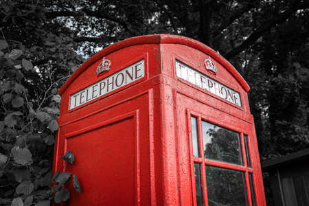 Red telephone box, selective color, close-up. Traditional old vintage UK phone booth on black and white tree background.の写真素材