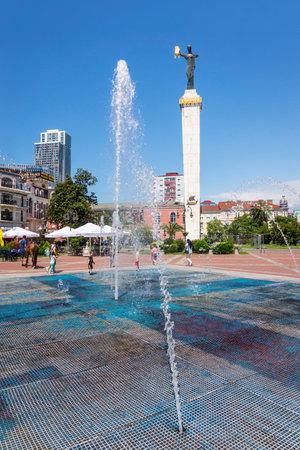 Batumi, Georgia - July 2, 2021: The Medea Monument, fountain and restaurants on the European square in city center of Batumi, Georgia in Summerのeditorial素材