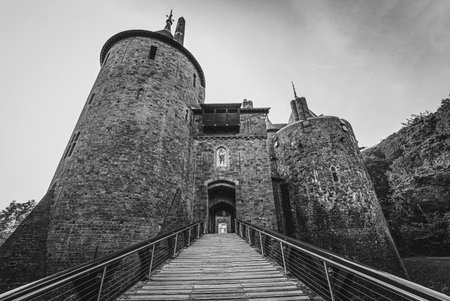Castell Coch or the Red Castle in black and white. Cardiff, South Wales, the United Kingdom - September 15, 2021のeditorial素材