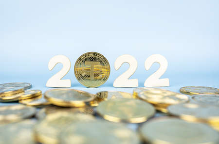 Tether 2022 market cap prediction concept. Tether coin standing next to cryptocurrency tokens and year numbers on blue background. Close-up, soft focus.の写真素材