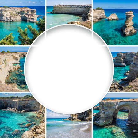 Puglia square collage with round copy space. Torre Sant Andrea near Torre dellOrso, Salento, Puglia, Italy. Rocky sea coast with cliffs. Beaches with turquoise clear water. Beautiful postcard mockupの写真素材