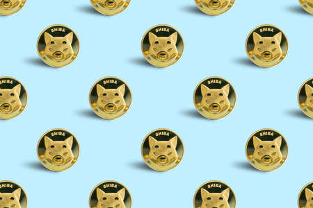 Shiba Inu or Shib cryptocurrency coin seamless pattern on blue background. Modern trendy styleの写真素材