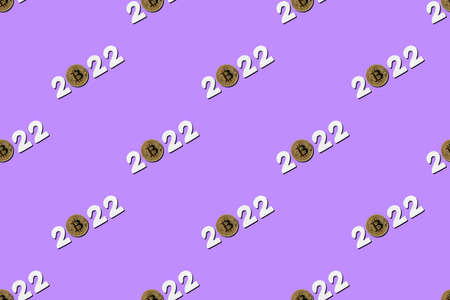 Bitcoin 2022 cryptocurrency coin seamless pattern on purple background. Price, future value of BTC crypto prediction concept.の写真素材
