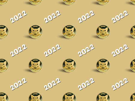 Shiba Inu or Shib in 2022, cryptocurrency meme coin seamless pattern on light brown background.の写真素材