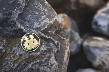 PancakeSwap crypto coin with copy space for text. Close-up of single gold Cake cryptocurrency on rocks outdoor. Low key toned photo for banners and news.の写真素材