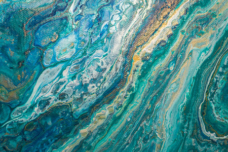 Abstract fluid art background. Turquoise, golden and white ocean, marble effect texture. Close-up of...