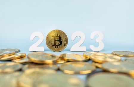 Bitcoin coin in 2023 close-upの写真素材