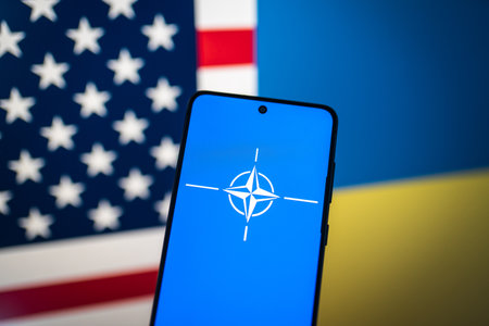 NATO, the US and Ukraine flagsのeditorial素材