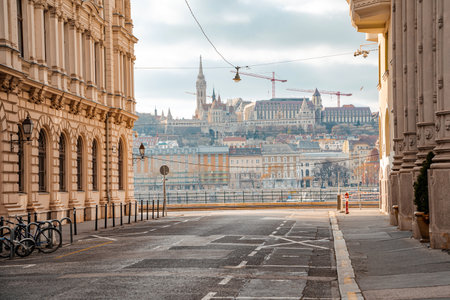 Beautiful street of Budapest with Fishermans Bastion viewのeditorial素材