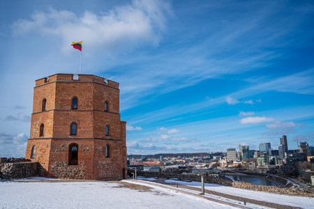 Lithuanian Flag on Gediminas Tower in Vilniusのeditorial素材