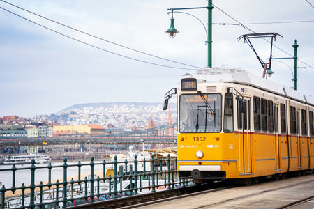 Yellow tram in Budapestのeditorial素材