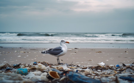 The Problem of Sea Plastic Pollution. Seagull stands on a Beach full of Plastic Garbage. Generative AI.の素材