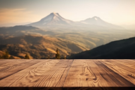 Wooden Table Top with Blurred Mountains Background. Empty Space for Product Display. Travel, Hiking Backdrop Banner. Generative AI.の素材