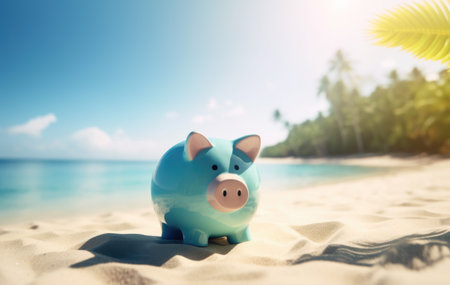 Cute Blue Piggy Bank with Sandy Beach, Palm Trees and Sea Background with Copy Space. Savings for Vacation, Summer Holidays, Retire in Warm Country concept. Generative AI.の素材