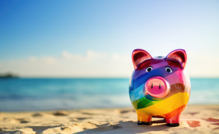 Colorful Piggy Bank with Sandy Beach and Sea Background, Copy Space. Savings for Vacation, Summer Holidays concept. Generative AI.の素材