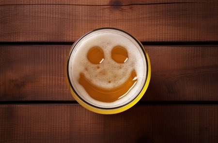 Beer Glass with a Happy Face on the Foam, Smile on Amber Beer Head on Wooden Table in a Pub or Bar. Good mood, celebration, party concept. Generative AI.の素材