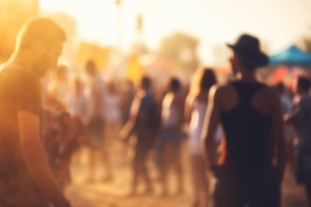 Summer music festival defocused bokeh background with unrecognizable people, warm Sunset tones. Blurred crowd of outdoor event, celebration. Generative AI.の素材