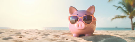 Piggy Bank on Beach Vacation Bannerの素材