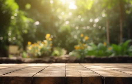 Wooden Table Top with Flowers backgroundの素材