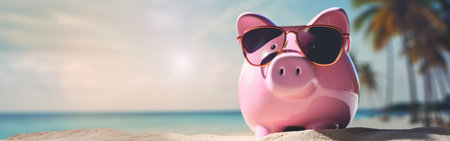 Piggy Bank on Beach Vacation Bannerの素材