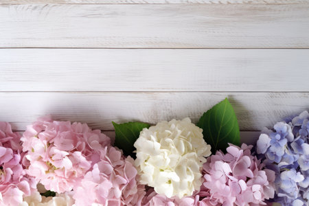 Hydrangea or Hortensia on white wood bannerの素材