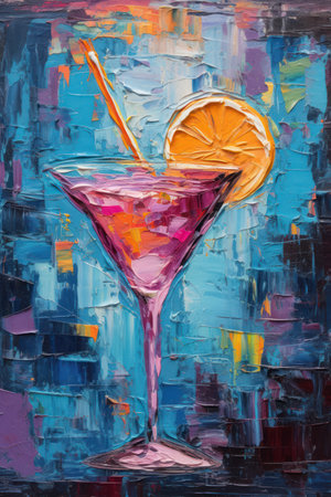 Painting of a martini glass with pink summer cocktail, slice of orange and a straw, in thick impasto technique, bold vibrant colors on blue and purple textured background.の素材