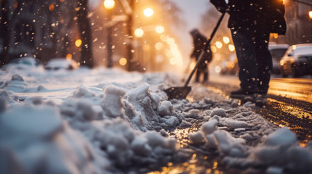 Close-up morning manual snow removal service on city streets, workers with shovels on the road, concept of urban winter life and maintenance, selective focus.の素材