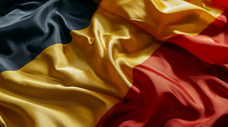 Belgium Flag on Fabric. Waving colorful shining National Belgian Tricolor on a silky texture.の素材
