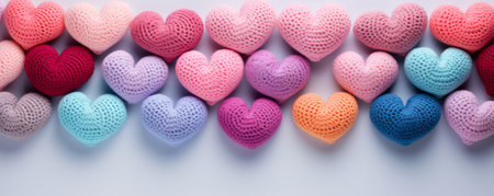 Rows of crochet hearts in pastel colors on white background, cute and creative banner or background for crafting and hobbies, or Valentines Day designs.の素材