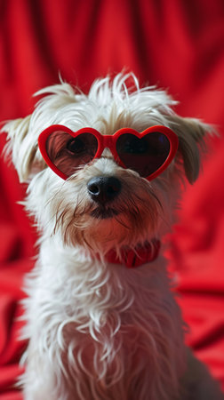 Cute white Maltese dog in heart shaped sunglasses against a vibrant red background, Valentines Day concept.の素材