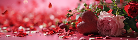 Glittering red heart with fresh roses and petals on a red surface, romance and Valentine's Day celebration, floral presentations background or banner with space for text.の素材