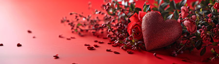 A sparkling red heart amidst berries and flowers as roses, vibrant Valentines Day banner on red background with space for text.の素材