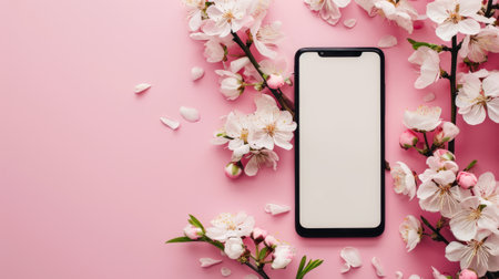 A modern smartphone with a blank white screen mock-up surrounded by delicate cherry flowers blossoms on a soft pink background with space for text. For Spring promotions or app presentations.の素材