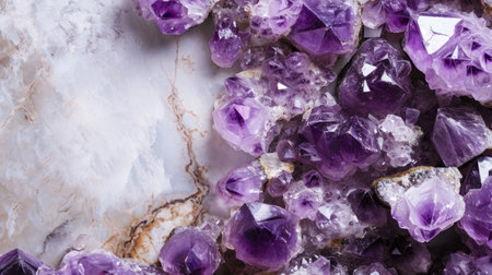 Amethyst crystal background on white marble, with copy space, many beautiful purple gemstones close-up luxury backdrop. Concepts of spirituality and healing, for precious gems and minerals shops.の素材