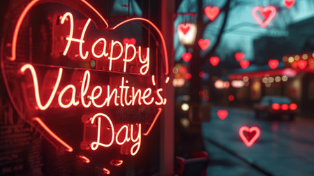 Happy Valentine's Day neon sign in a warm, red glow with heart-shaped bokeh lights, night city street background.の素材