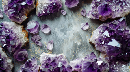 Amethyst crystal frame on concrete background with center copy space for text, beautiful shiny purple gemstone close-up luxury backdrop for precious gems and stones shops.の素材