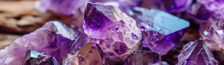 Amethyst crystals close-up, beautiful purple gemstones close-up luxury banner. Concepts of spirituality and healing, for precious gems and minerals stores.の素材