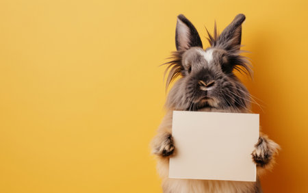A fluffy bunny holding a blank card mock-up against a vibrant yellow background with space for text, a cute concept for personalized messages or announcements.の素材
