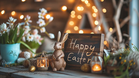 Happy Easter message on a chalkboard by a bunny figure, painted eggs and spring flowers, rustic cozy background with lights and candles. Beautiful Easter holiday greeting card.の素材