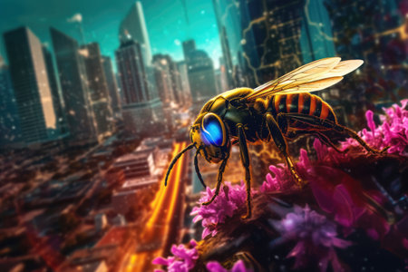 Bionic Robot Bee, Cyborg Wasp with Neon Blue Eye on Flowers in Futuristic City. Honey Bees Problem, Climate Change, Colorful concept art. Generative AI.の素材